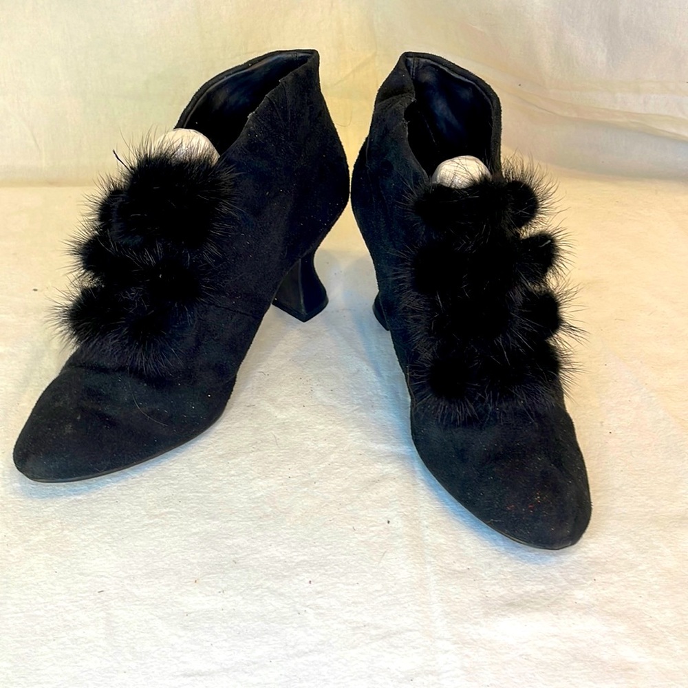Black suede can can granny bootie pull on with fluffy detail Size 9